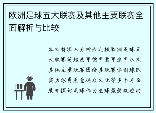 欧洲足球五大联赛及其他主要联赛全面解析与比较