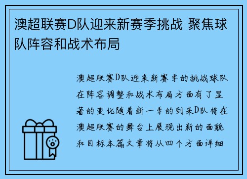 澳超联赛D队迎来新赛季挑战 聚焦球队阵容和战术布局