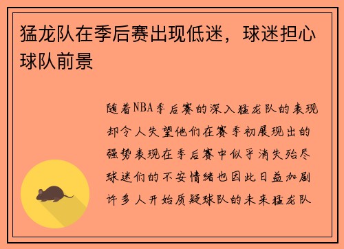 猛龙队在季后赛出现低迷，球迷担心球队前景